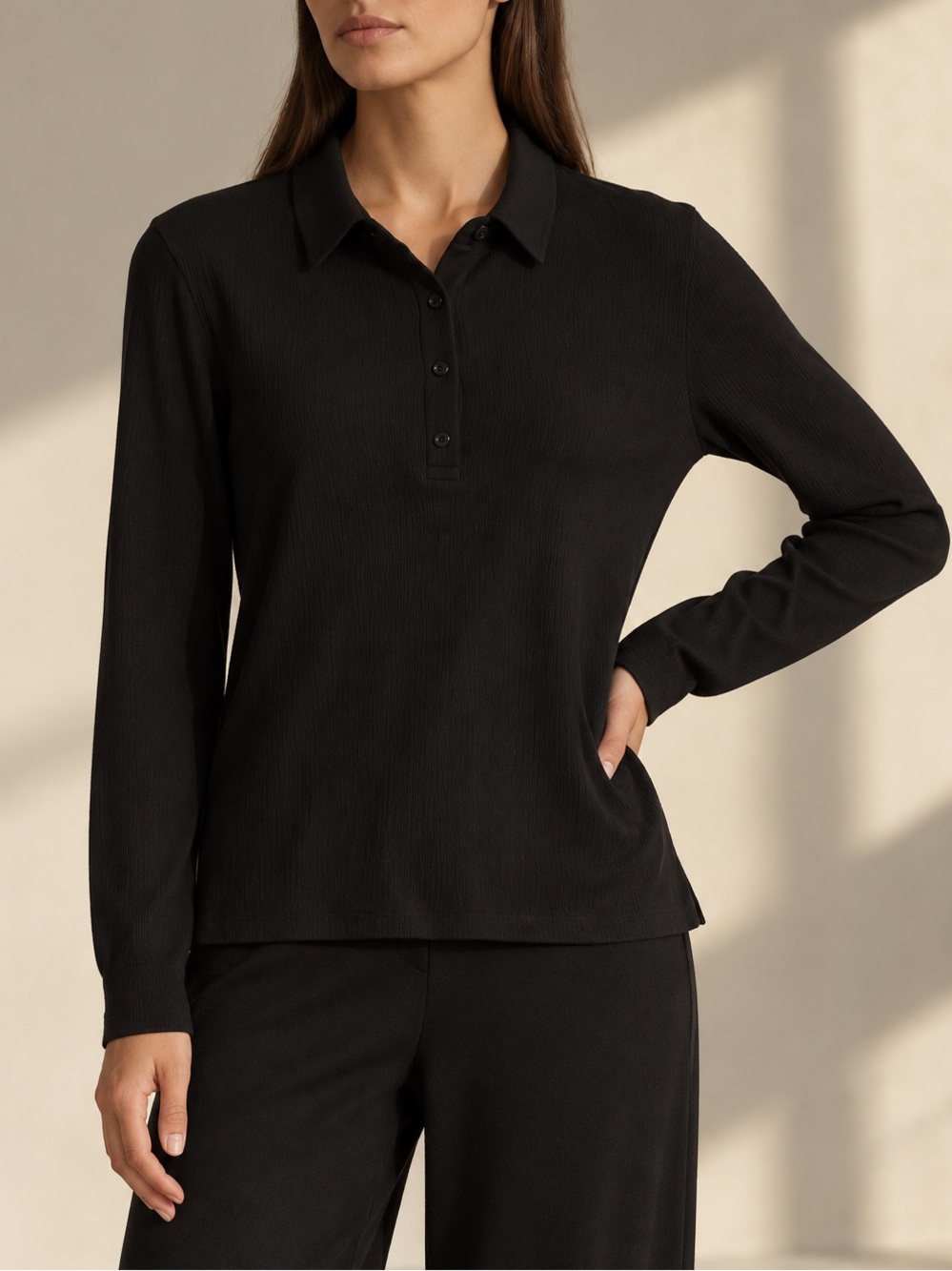 NWT Eileen Fisher Crinkled Jersey Slim Henley Top Organic Cotton Polo Black XS